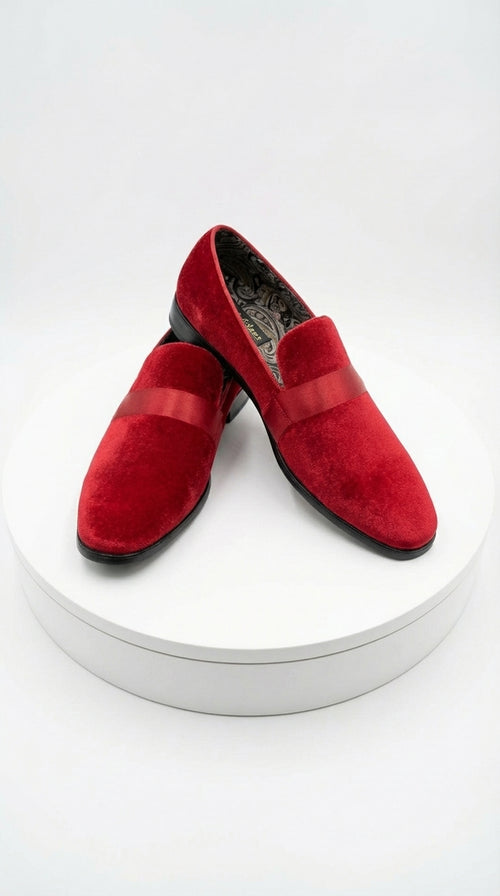 Mens Red Velvet Loafers – Luxury Formal Slip On Dress Shoes Wedding Party Prom Evening Shoes