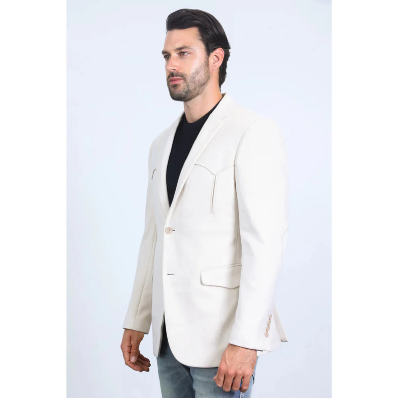 Mens Double Buttons Faux Suede Blazer - Off White