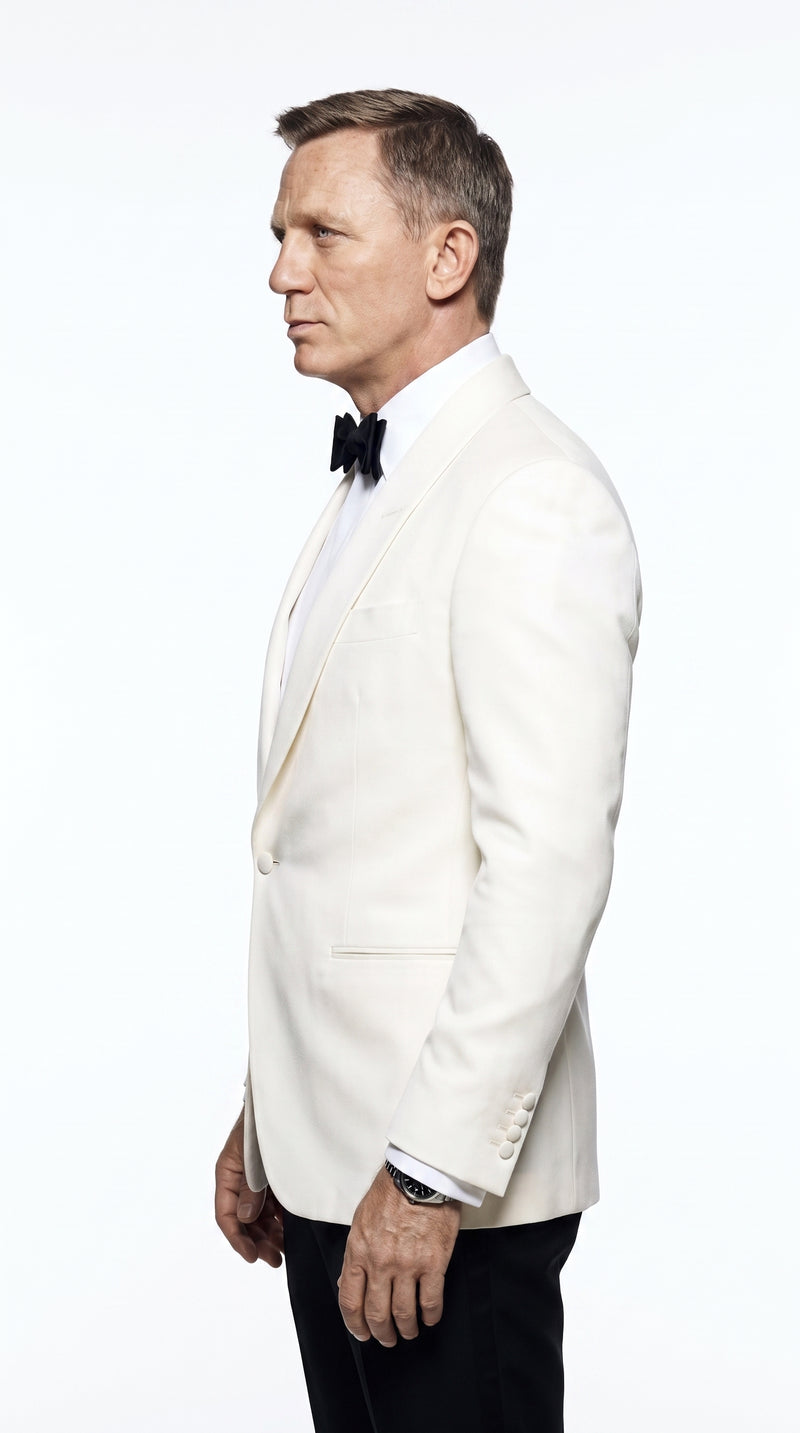Men’s James Bond Style Ivory Dinner Jacket, White Tuxedo Blazer for Wedding, Prom and Black Tie Events