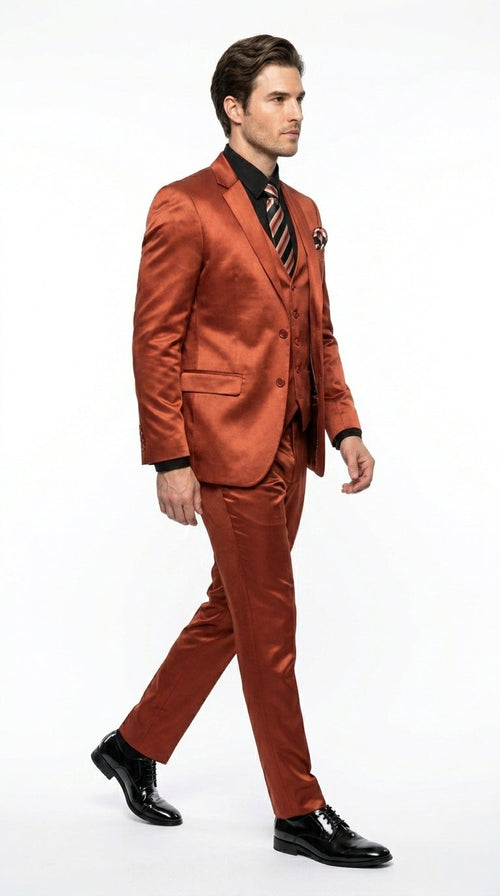 Menās Rust Copper Coganc Shiny Sateen 3 Piece Suit, Vested Formal Wedding Prom Suit Set Ultra Slim Fit