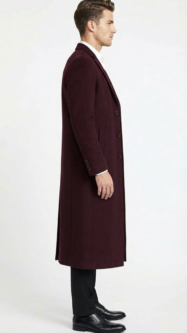 Burgundy men's long coat. Classic fit, wool blend. Straight silhouette, lapels, six-button closure. Side pockets. Mid-calf length.