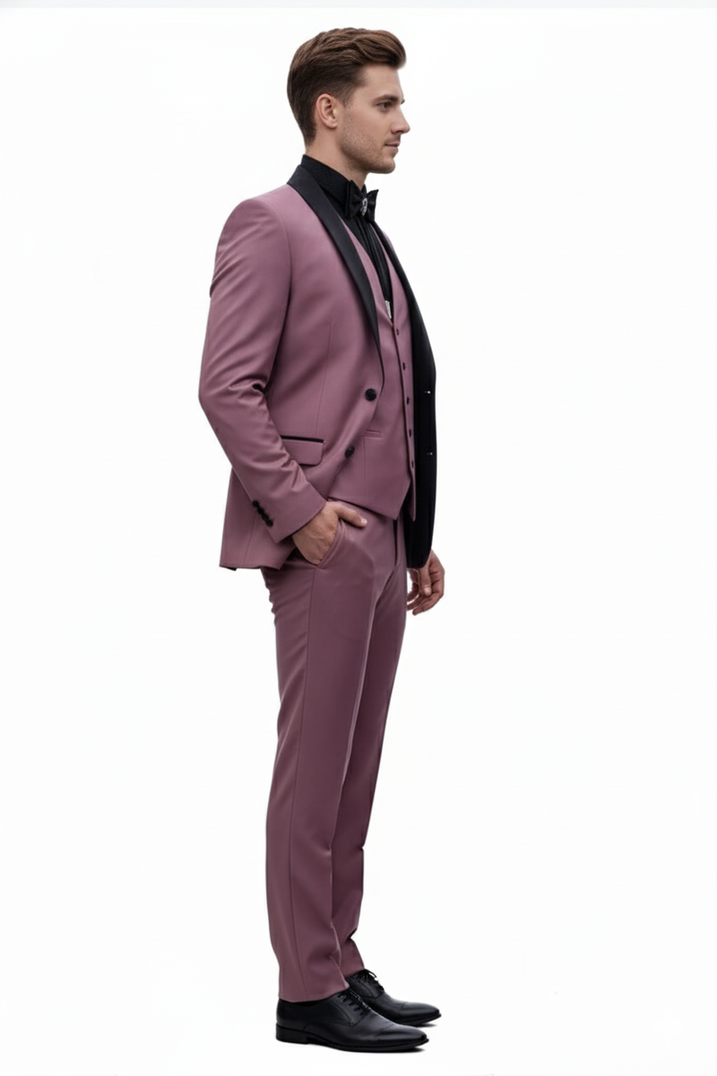 Men's Rose Pink Tuxedo Suit â Luxury Three-Piece Formal Wear with Black Satin Lapel Dusty Mauve Color