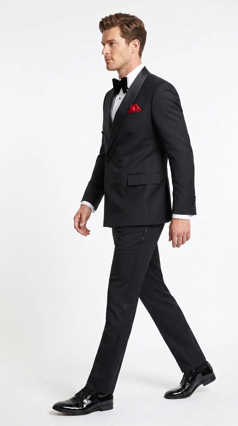 Men’s Black Double Breasted Evening Wear Suit with Satin Shawl Lapel and Red Pocket Square