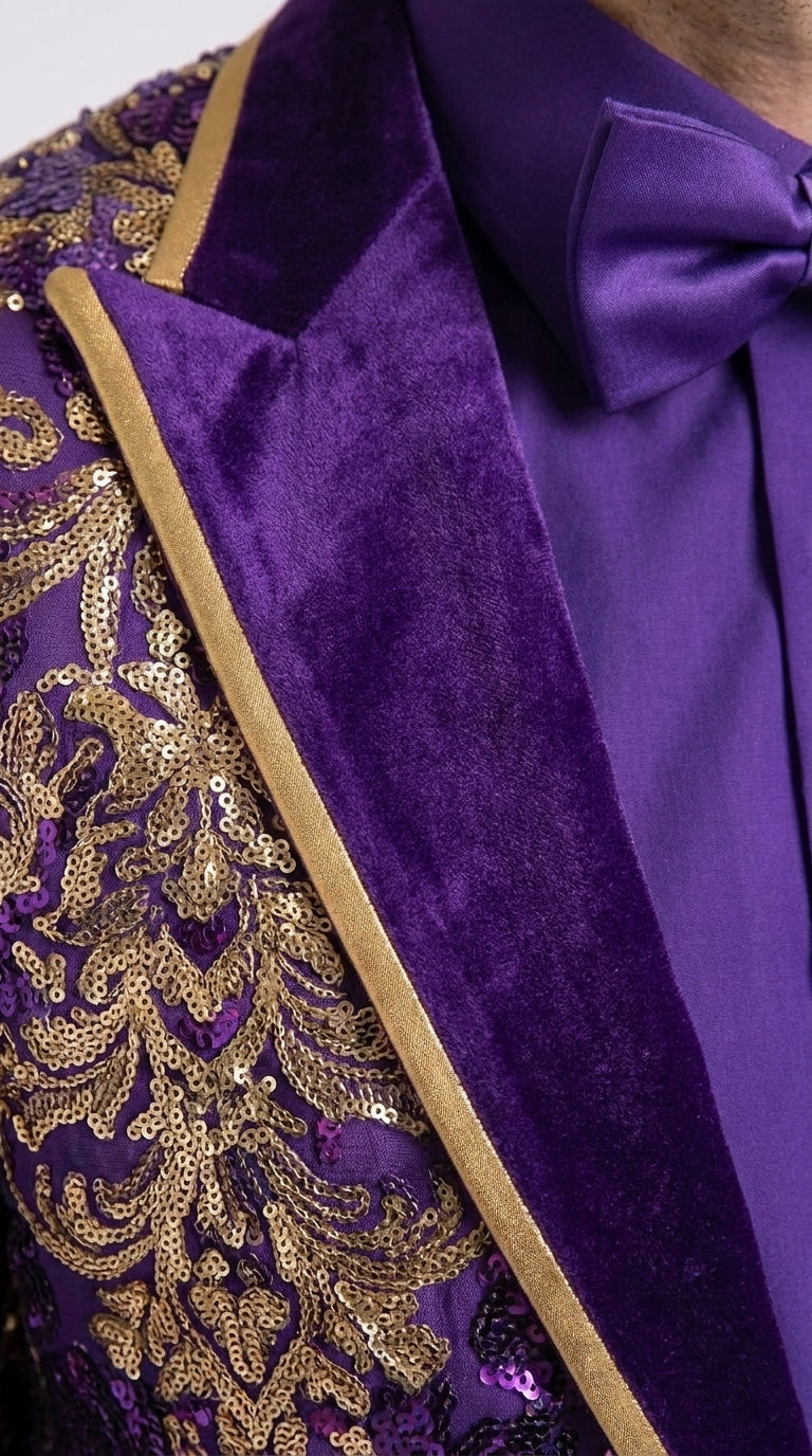 Men’s Purple and Gold Sequin Suit with Pants – Luxury Prom, Wedding and Party Blazer