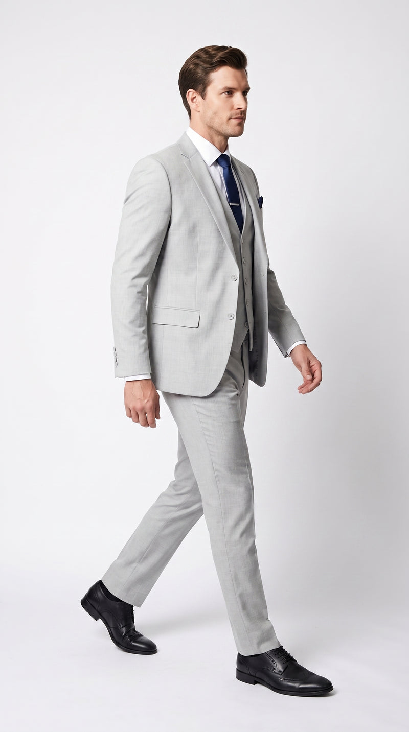 Men’s Silver & Navy Blue 3-Piece Suit – Wedding, Business and Formal Suit with Free Matching Tie