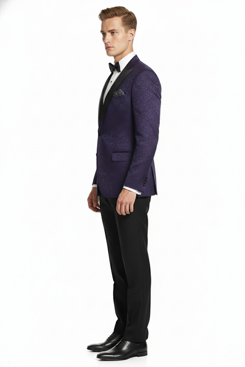 Men's tuxedo jacket with purple paisley pattern. Fitted, single-button, peak lapels with black detail. Textured finish.
