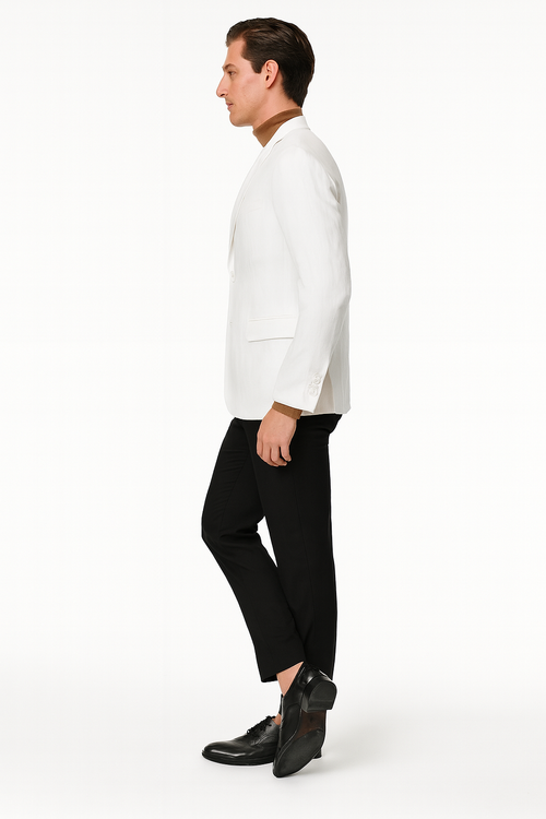 Men's white linen blazer with a classic two-button design. Lightweight with notched lapels and front pocket flaps. Smooth, light-colored fabric. Perfect for warm weather.
