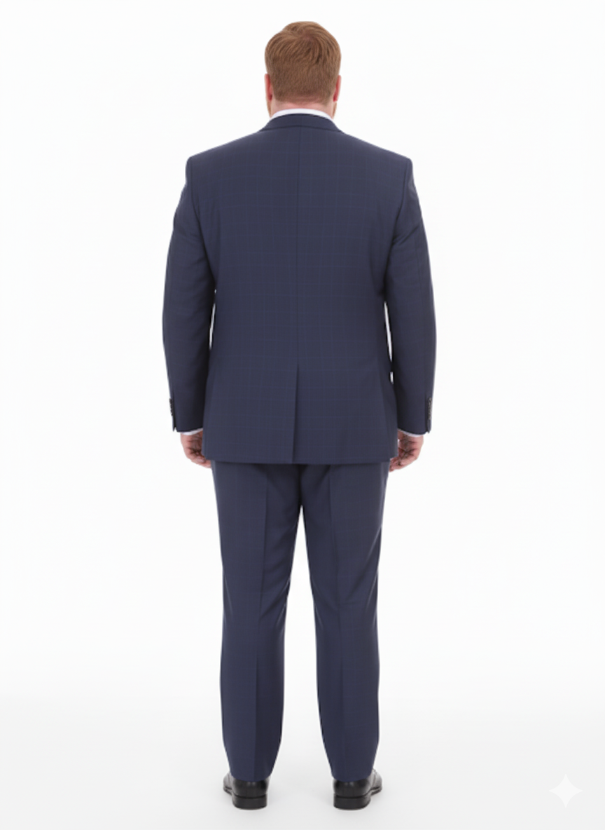 Mix And Match Suits Men's 2 Button Portly Fit Blue Plaid Pattern With Overcheck Suit Executive Fit Suit - Mens Portly Suit