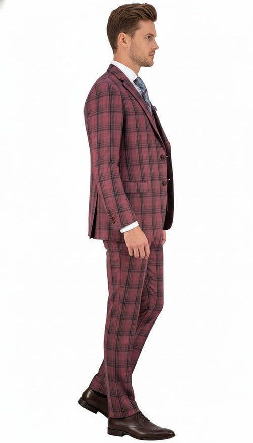 Men's red burgundy plaid 3-piece suit with a modern fit. Features a blazer, trousers, and waistcoat in a matching checkered pattern. Smooth, structured fabric with red/burgundy tones and darker lines. Tailored with notched lapel and slim-fit trousers.