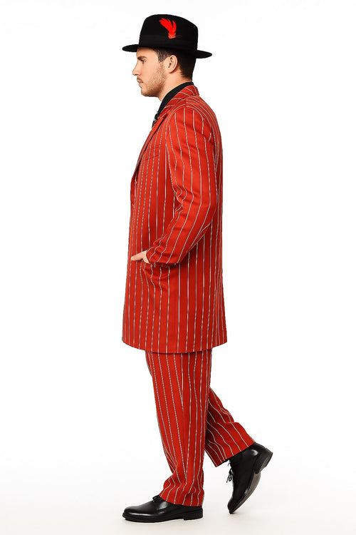 Men's red pinstripe zoot suit: long coat & fitted trousers in smooth fabric. White pinstripes, straight cut coat. Matching trousers. Worn with a black hat, red feather. Bold red color, distinctive pinstriping.