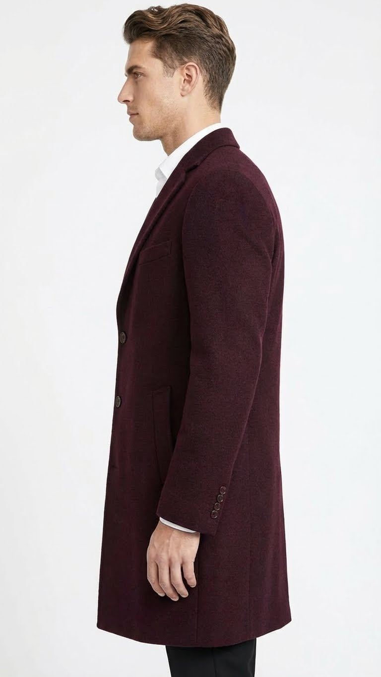 Alberto Nardoni men's burgundy overcoat. Mid-thigh length, tailored fit, straight cut. Textured fabric, notched collar, single-breasted with three buttons. Side pockets, buttoned cuffs.