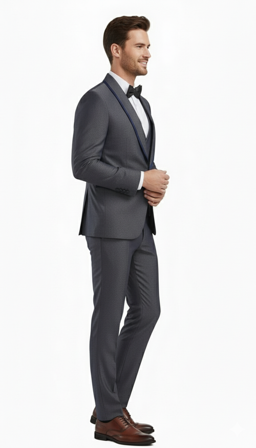 Men's charcoal gray slim-fit three-piece suit with blue trim. Modern design, clean lines, textured fabric, and structured silhouette. Includes jacket, waistcoat, and trousers.