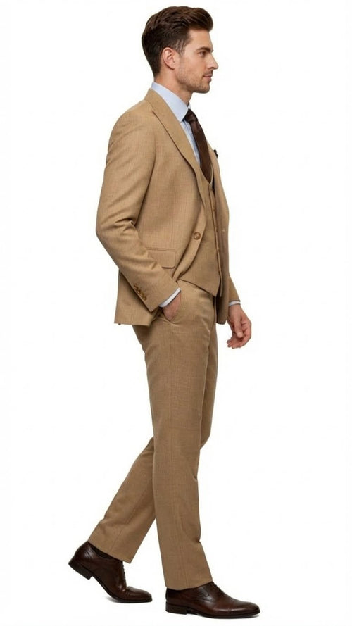 Tan three-piece men's suit with a modern, structured cut. Includes a fitted, single-breasted blazer with notch lapels, a matching vest, and straight-legged trousers. All in a cohesive tan textured fabric.