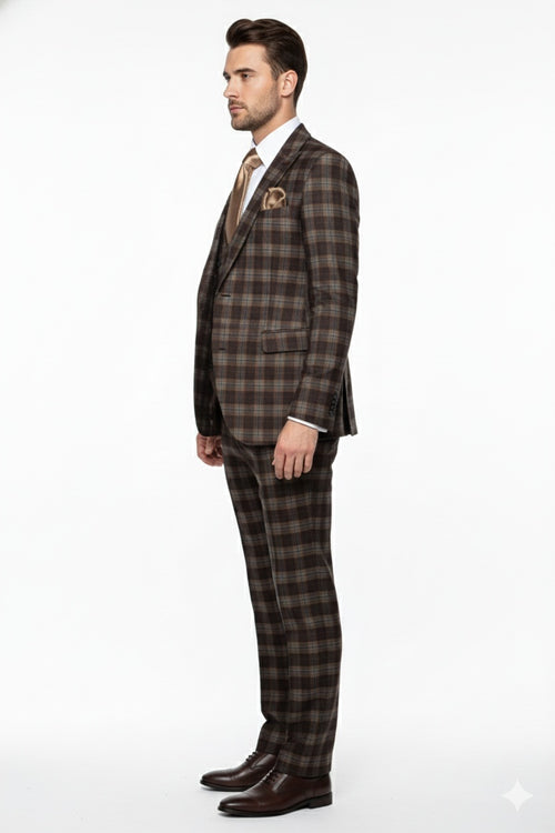Men’s Brown Plaid Windowpane Three-Piece Suit Set – Classic Slim Fit Jacket, Double-Breasted Vest and Modern Fit Pants By Rossiman