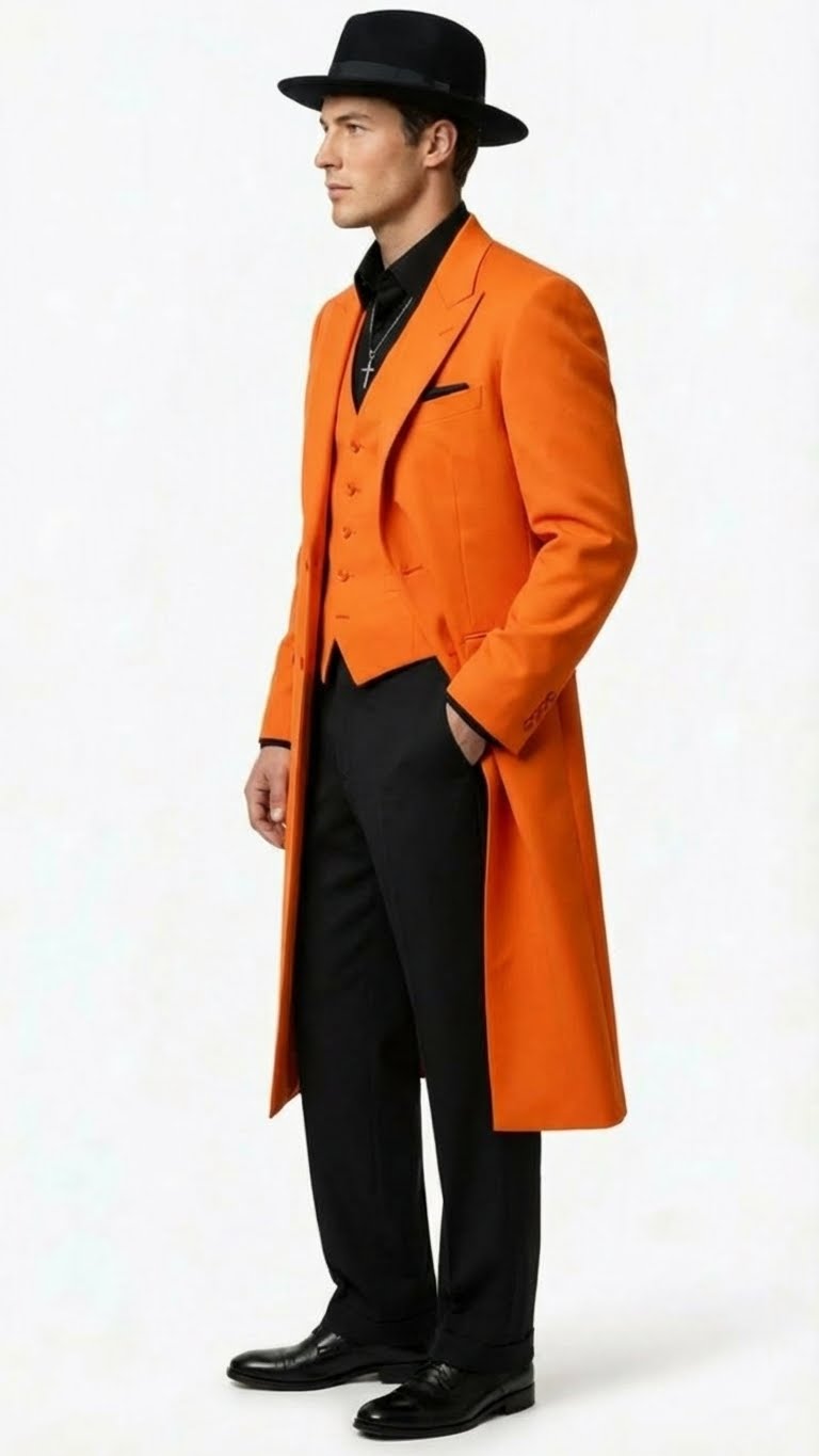 Orange zoot suit set: long coat (structured, tail, single-button), waistcoat (V-neck), black shirt, black pants. Includes a black fedora. Smooth fabric, costume-appropriate.