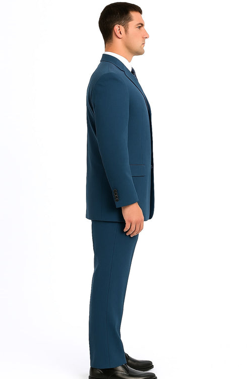 Men's steel blue 3-button suit with tailored fit. Features a straight silhouette, single vent jacket, and flat-front trousers. Solid fabric, deep steel blue color, monochromatic design.