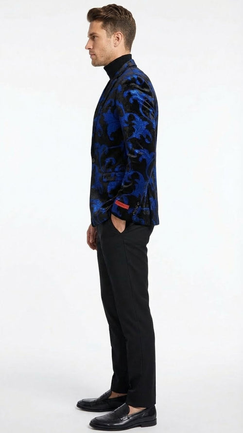 Men’s black and royal blue patterned blazer featuring a textured material with a wavy design. The blazer has a fitted shape, single-button closure, and contrasting red accent on the sleeve.