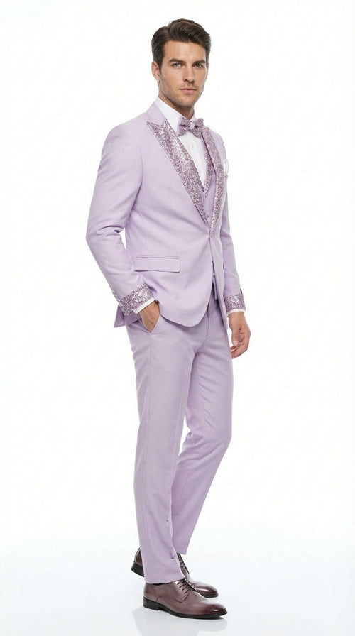 Men’s Lilac Suit with Silver Glitter Sequin Lapel – Lilac and Silver Formal Tuxedo Suit for Prom, Wedding Lavender Tuxedo