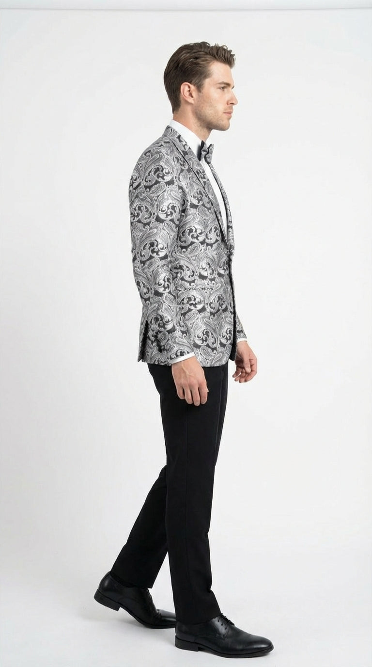 Mens Silver and Black Paisley Prom Blazer Jacket | Printed Formal Evening Tuxedo Blazer + Free Matching Bow Tie