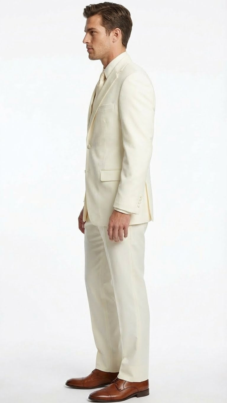 Ivory men's tuxedo suit with satin notch lapel. Structured silhouette featuring a blazer (single-button, two pockets) and tailored trousers. Lightweight fabric creates a formal look.