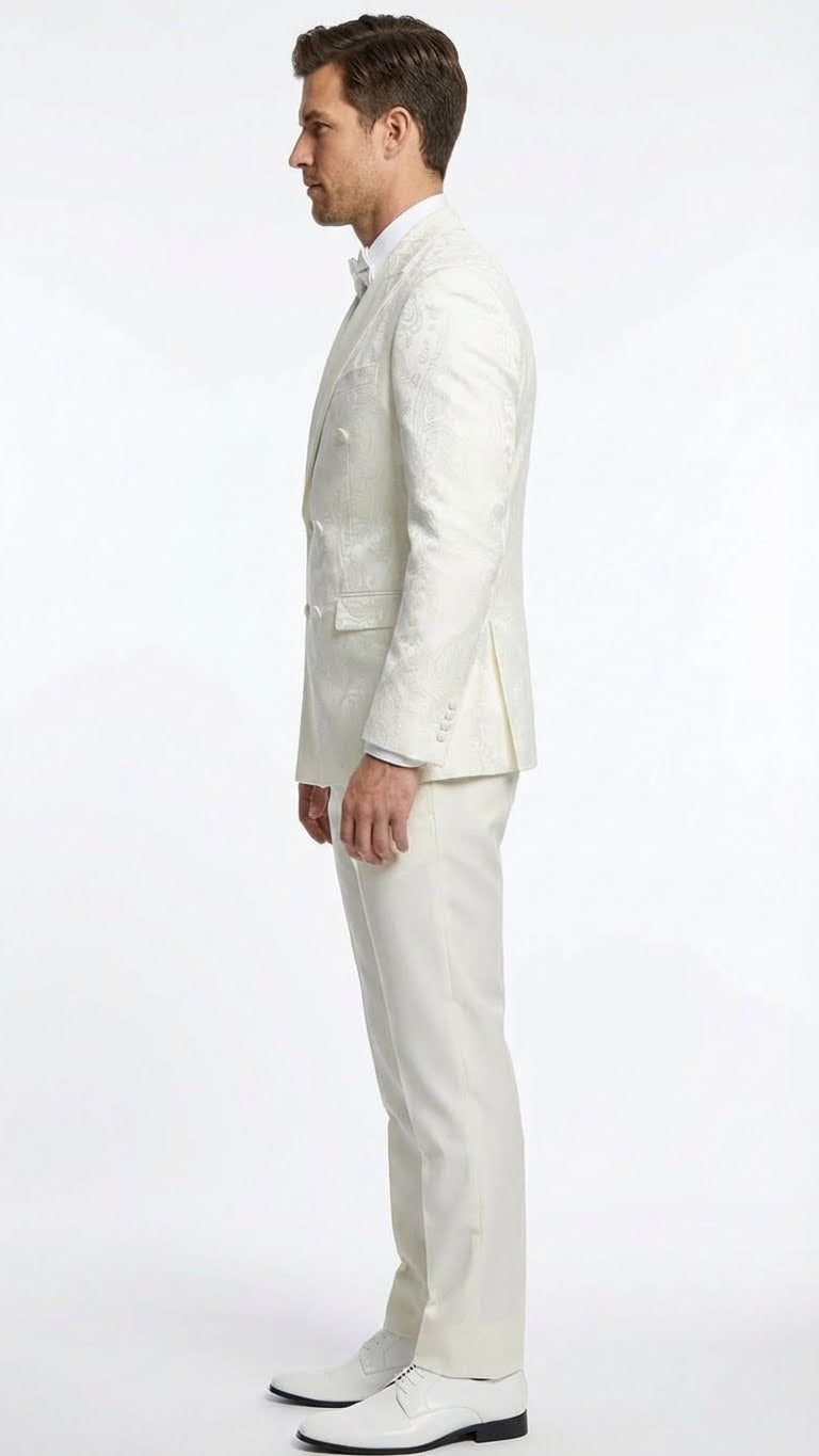 Alberto Nardoni men's ivory double-breasted tuxedo jacket. Tailored fit, textured fabric, subtle pattern. Features peaked lapels, two rows of buttons, and single vent. Complete formal look with matching trousers.