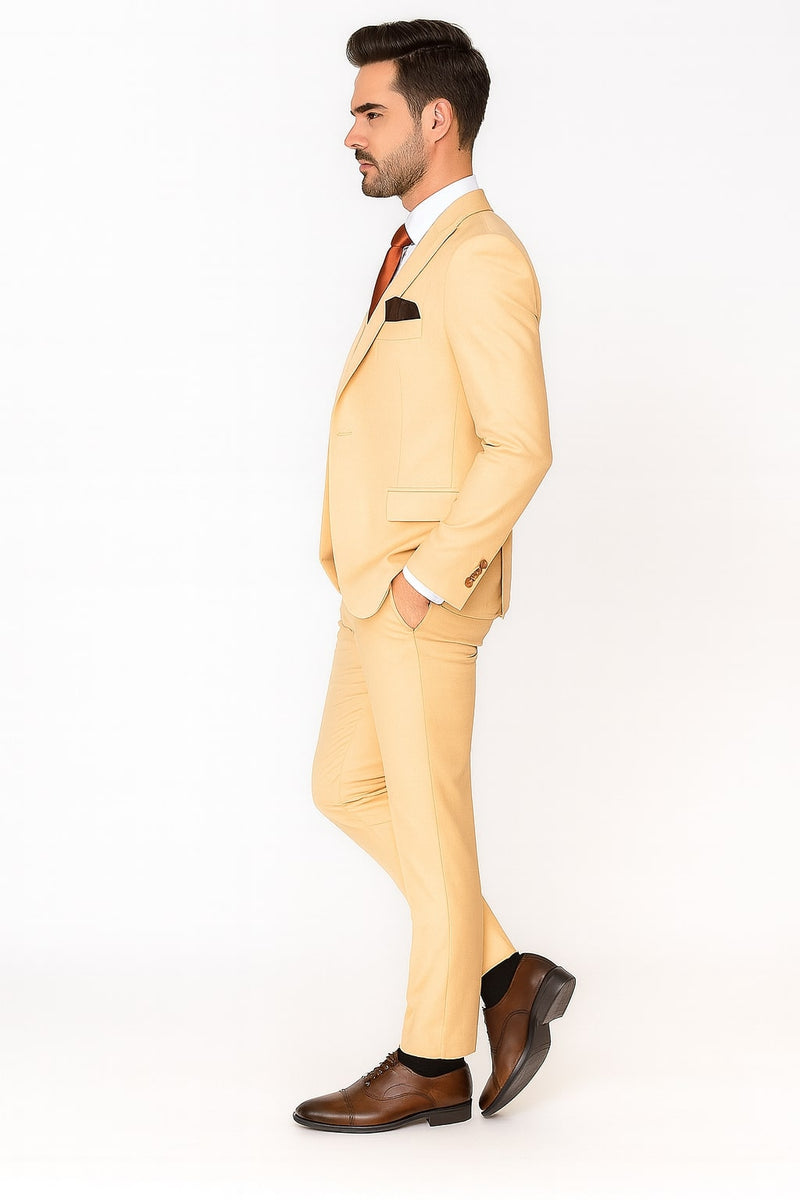 Men's peach three-piece suit: double-breasted vest, notch lapel blazer, and slim-fit pants. Solid peach color, designed for a polished, slim fit.