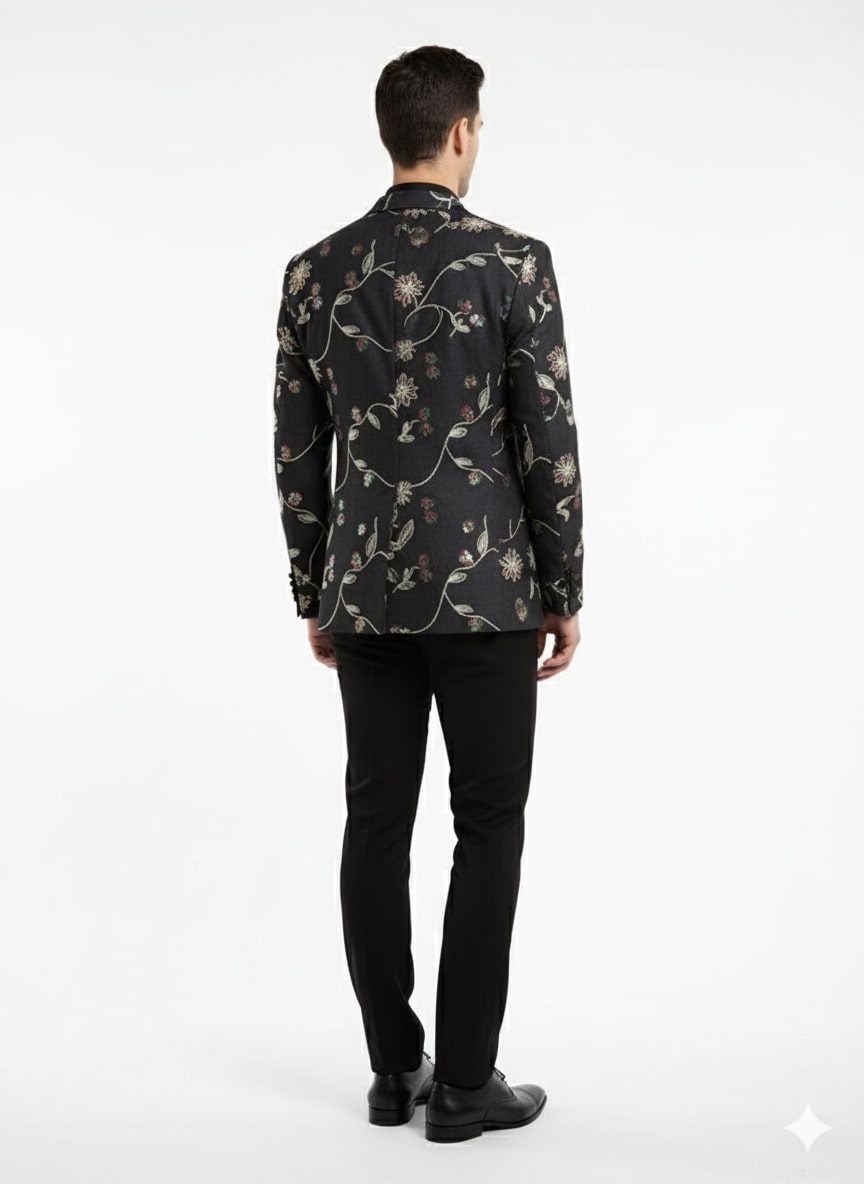 Luxury Black Floral Embroidered Blazer for Men – Designer Party and Wedding Wear Jacket