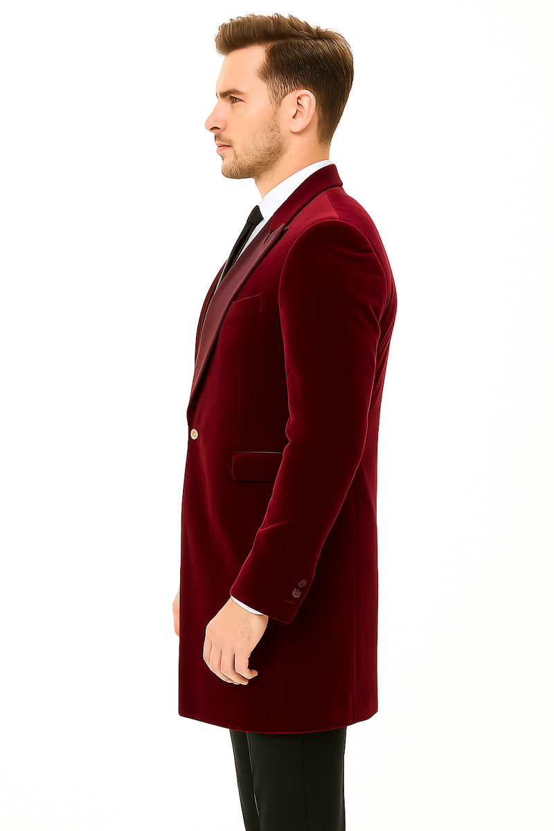 Men's burgundy velvet tuxedo with tailored fit. Long blazer, smooth & lustrous fabric, notched lapel, and pocket. Classic formal style.