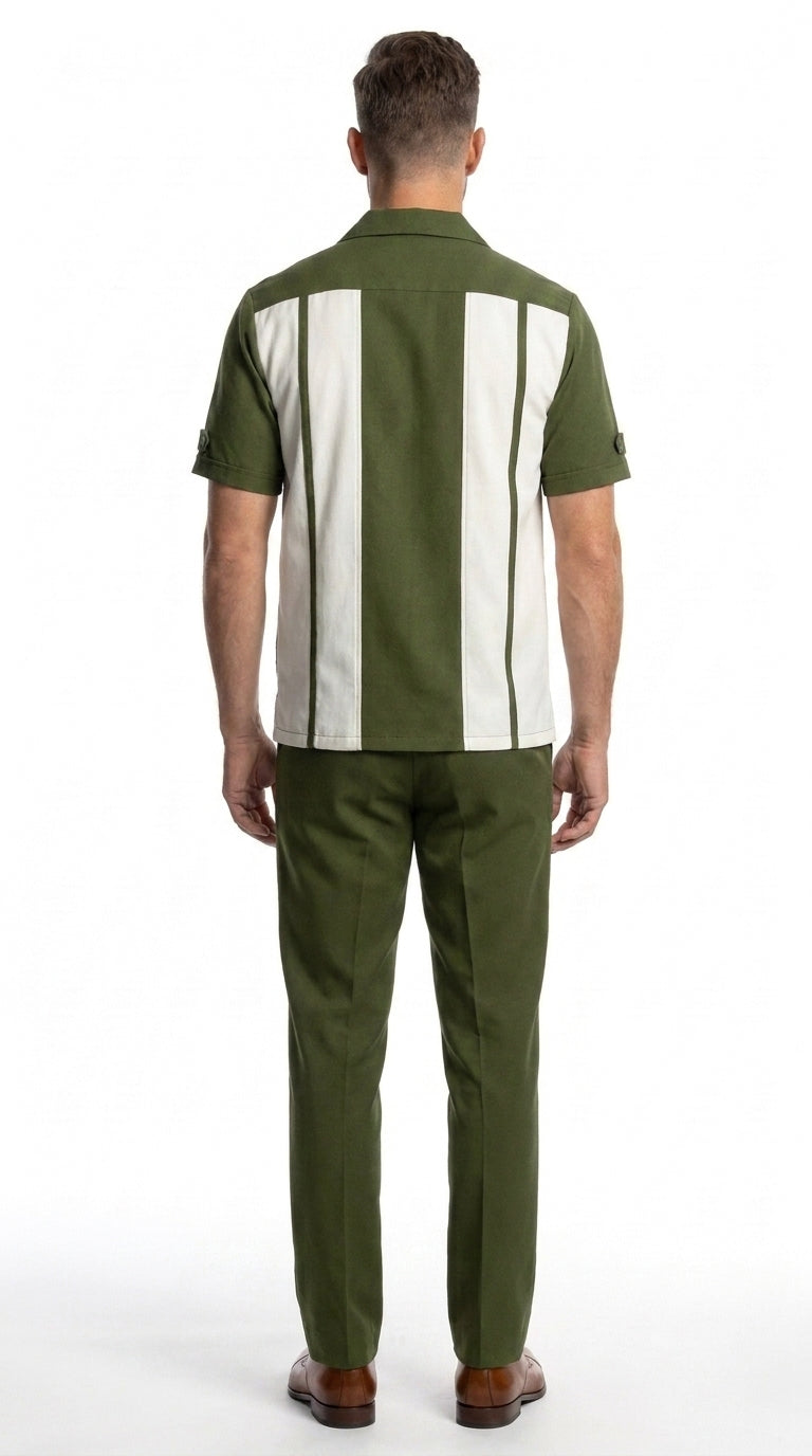 Men’s Olive Green and White Walking Suit – 2-Piece Short Sleeve Casual Leisure Outfit