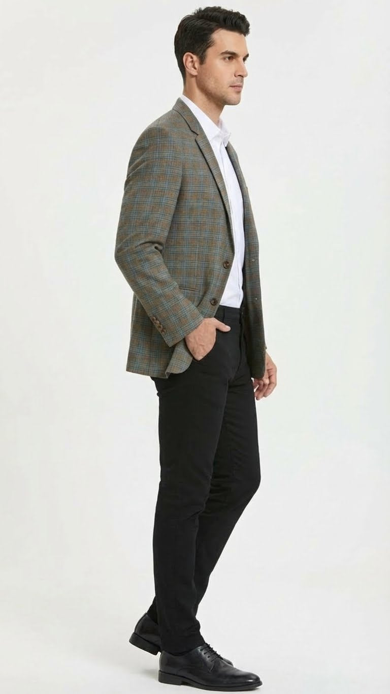 Alberto Nardoni men's sport coat: green, brown & teal plaid. Tailored single-breasted, notched lapels, slight waist taper. Plaid pattern with teal accents. Two front buttons, open stance.