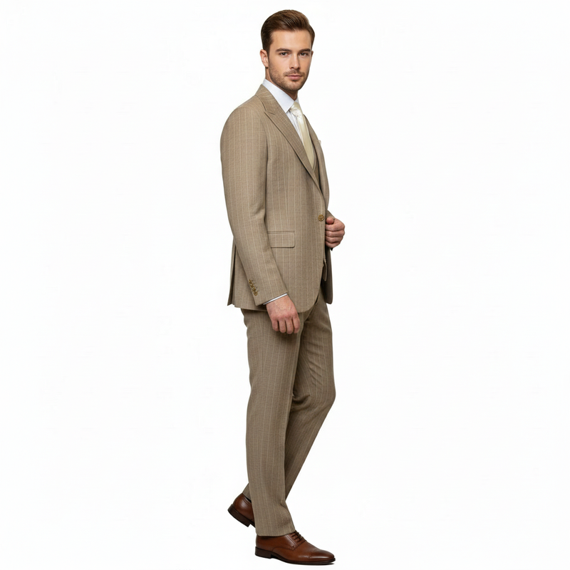Men's beige pinstripe three-piece suit: slim-fit jacket (single button, pockets), matching waistcoat, straight-leg trousers. Lightweight fabric, fine vertical pinstripes. Formal ensemble.