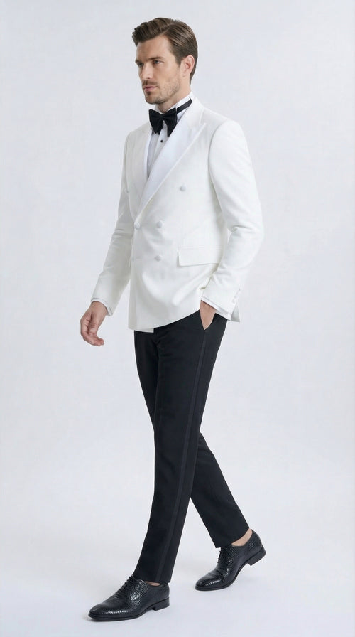 Men’s White Double Breasted Dinner Jacket Blazer with Black Pants – Formal Tuxedo Style Outfit for Weddings