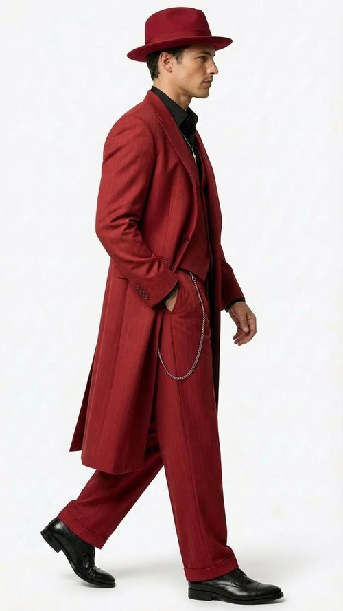 Red 1920s zoot suit: long pinstripe coat, wide lapels, matching vest, high-waisted, loose trousers. Wide-brimmed hat, smooth fabric, and a silver chain complete the look.
