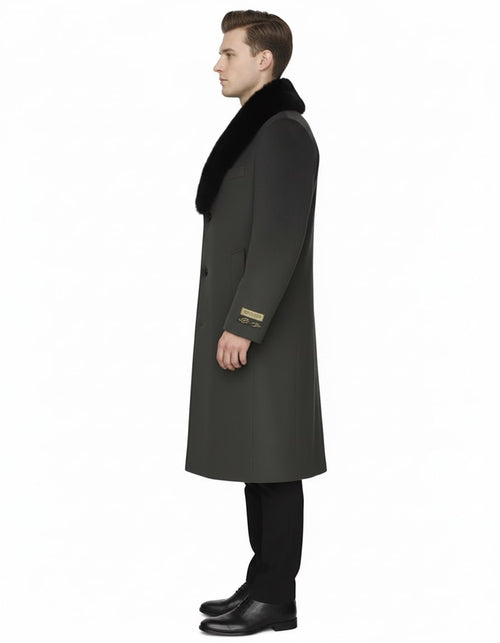 Men's olive-green overcoat with black fur collar. Luxury wool, double-breasted, straight cut, full-length.