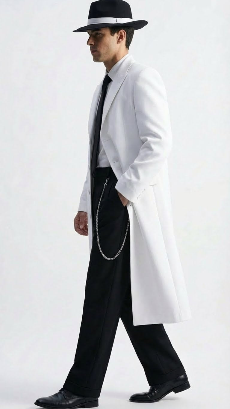 Mens White Long Zoot Style Suit | Vintage Gangster Mafia Formal Coat with Black Pants