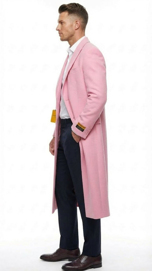 Men's light pink wool-blend overcoat with slim fit. Tailored design, straight silhouette, single-breasted, long sleeves, and visible pockets. Smooth fabric, label on cuff. Distinctive style.