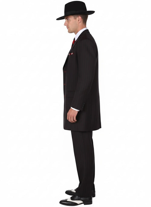 Mens Black and Red Pinstripe Zoot Suit – 1920s Gangster Vintage 3-Piece Suit for Formal, Prom, and Themed Events