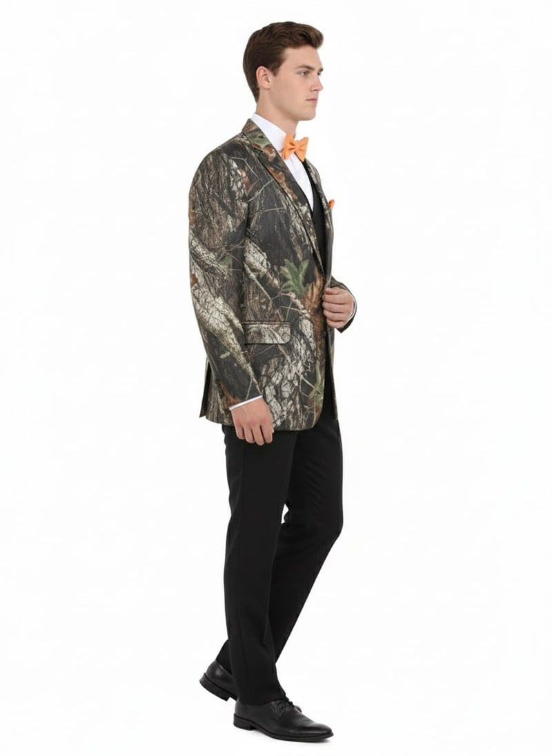 Camouflage menswear jacket with a tuxedo silhouette: notch lapel, structured shoulders, two-button closure. Worn with a white shirt, black bow tie, trousers, and shoes. Brown, green, gray camo.