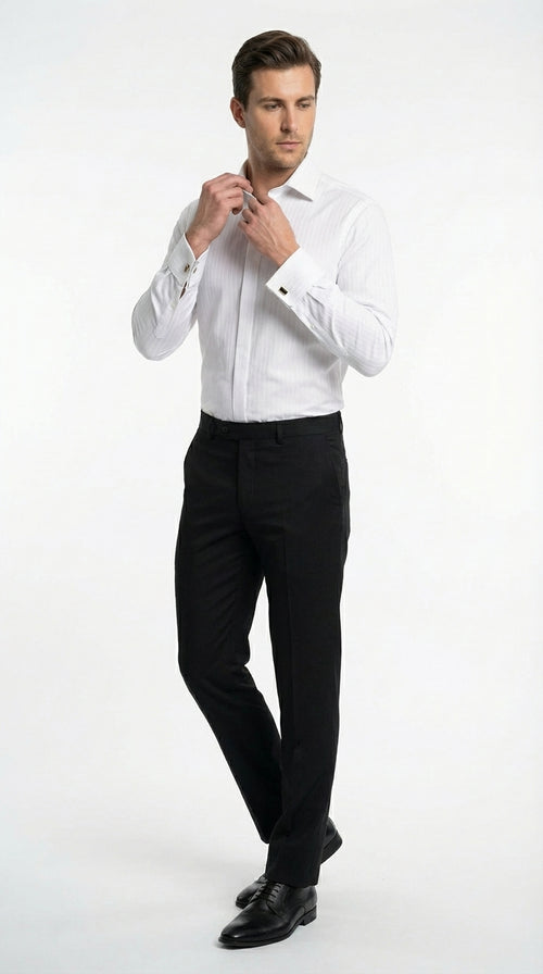 Mens White Herringbone Shadow and Tone on Tone Dress Shirt – Classic Formal Wedding