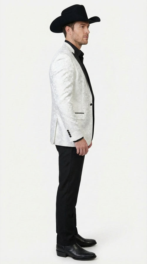 Men’s White Paisley Cowboy Tuxedo with Black Satin Lapel – Western Formal Wedding Suit Jacket