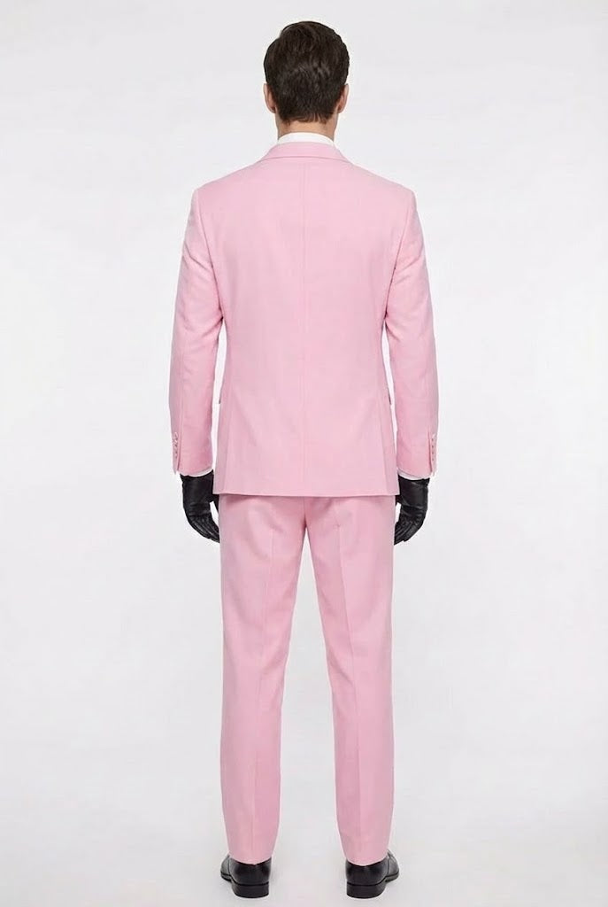 Men's pink two-piece suit: classic fit formal jacket with notched lapel and tailored pants. Smooth, lightweight fabric. Matching color and close fit.