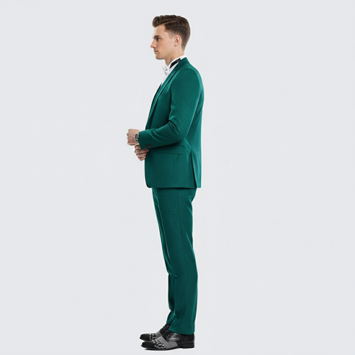 Men's emerald green 3-piece suit with textured fabric. Includes tailored, single-breasted jacket, waistcoat, & straight-leg trousers. Slim fit, notched lapels, and pocket square.