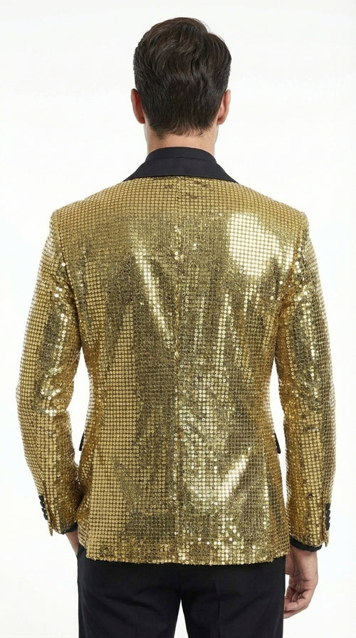 Mens Gold Sequin Blazer with Black Satin Lapel – Gold Formal Party Blazer Jacket for Prom, Wedding and Stage Events