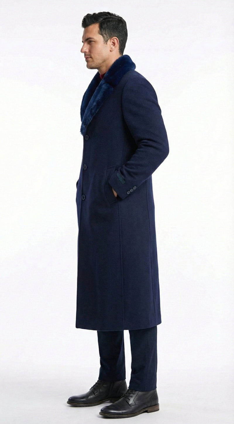 Mens Dark Navy Blue Long Overcoat with Faux Fur Collar, Classic Winter Dress Coat for Formal