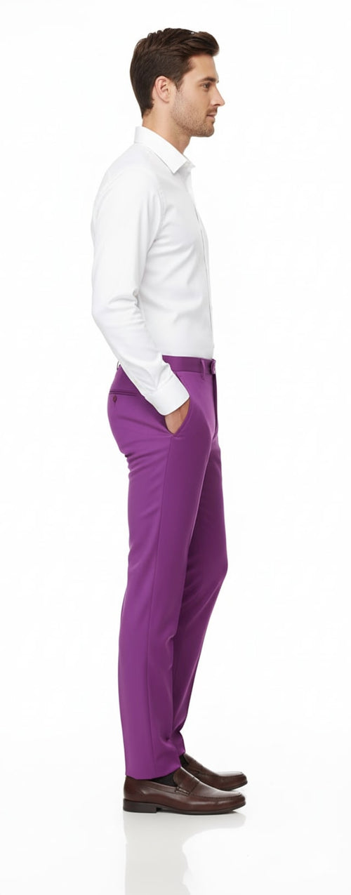 Men's slim fit, light purple dress pants. Tailored silhouette, smooth finish, and soft fabric. Flat front, side pockets. Perfect for modern formal wear.