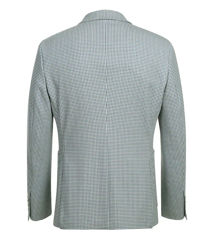 Sage blue check blazer with slim fit and half canvas construction. Features a two-button front, notched lapels, and rear side vents. Lightweight with a tailored silhouette and button cuff details.