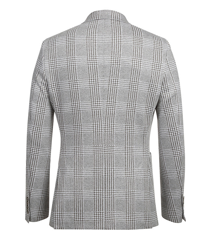 Slim-fit, half-canvas gray plaid blazer. Notch lapel, two rear vents. Gray/black/white check pattern. Long sleeves with button cuffs. Unlined for lightweight feel.