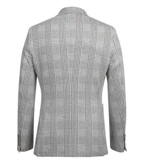 Slim-fit, half-canvas gray plaid blazer. Notch lapel, two rear vents. Gray/black/white check pattern. Long sleeves with button cuffs. Unlined for lightweight feel.