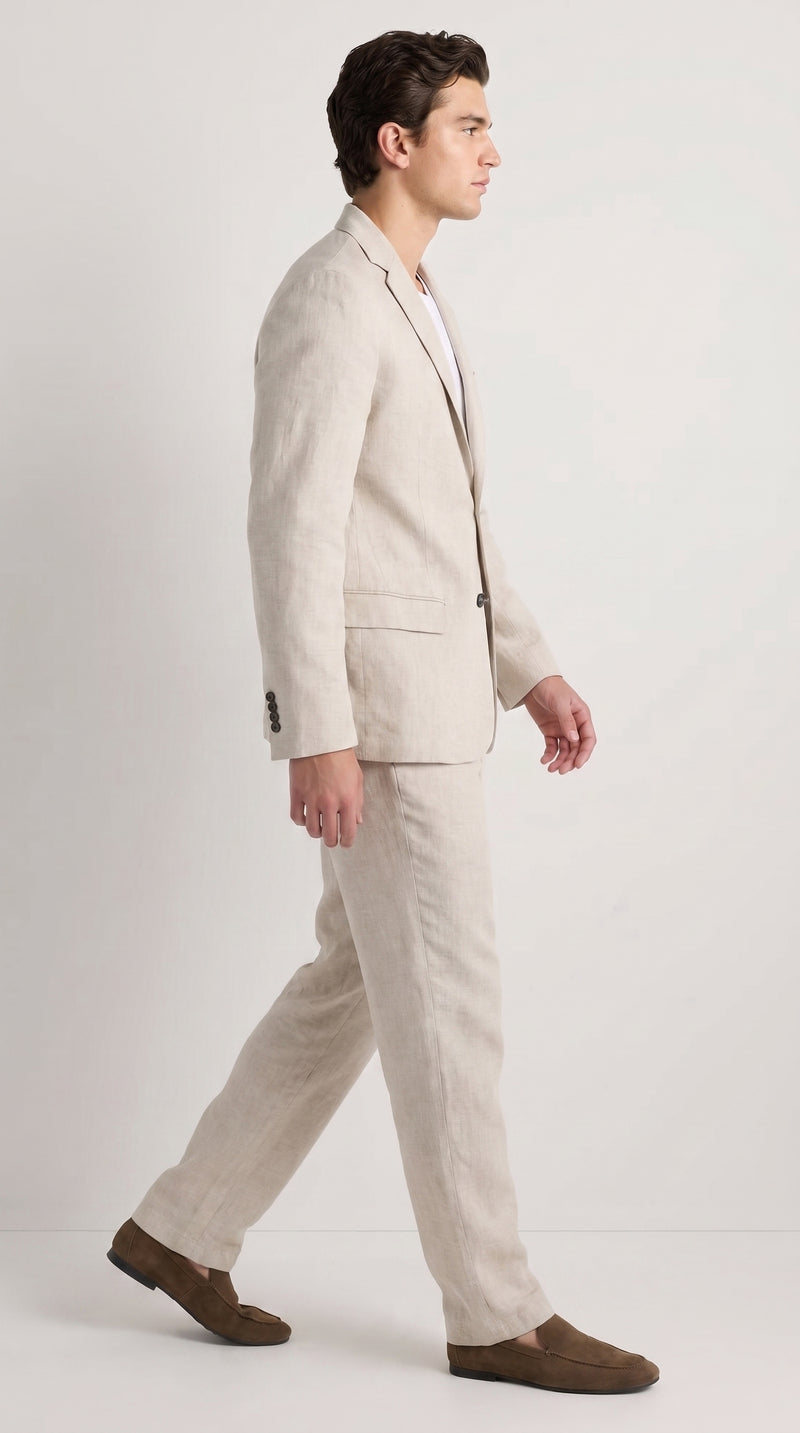 Men’s Informal Summer Suit, Light Beige Casual Linen Style Blazer and Pants Set