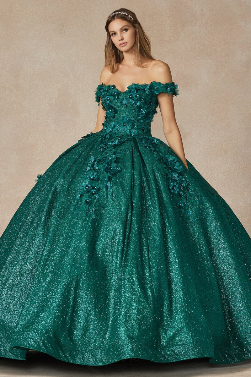 Juliet 1433 3D Floral Lace Glitter Tulle Off Shoulder Quinceanera Dress